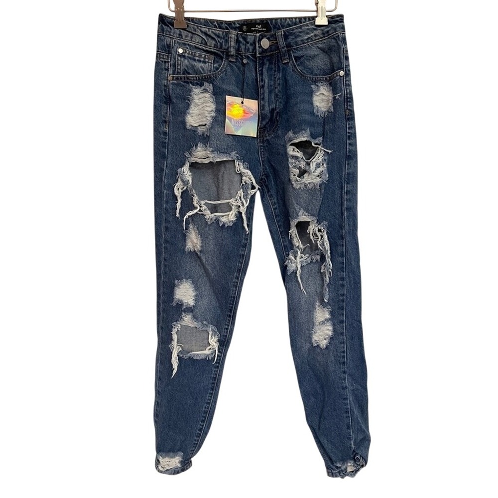 Missguided Riot High‎ Rise Mom Jeans Mid Blue Distressed Ripped Size US 2